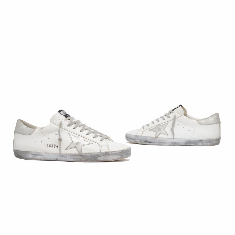$695 GOLDEN GOOSE Super-Star Distressed White Leather Silver Sneakers EU44 US11